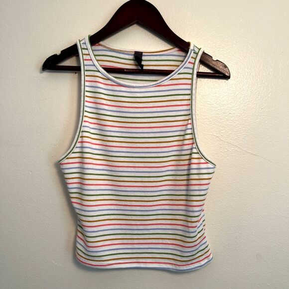 ALYA Cropped Pastel Striped Rainbow Racerback Tank, White Multicolor- Large - Picture 1 of 7